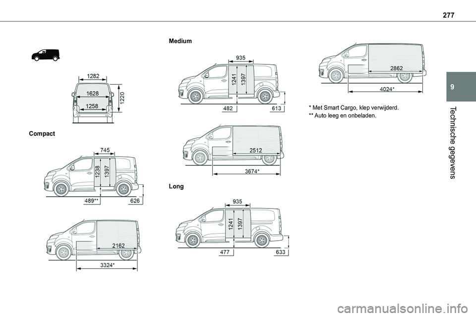 TOYOTA PROACE VERSO EV 2022  Instructieboekje (in Dutch) 277
Technische gegevens
9
 
  
 
Compact 
  
 
Medium 
  
 
Long 
  
 
* Met Smart Cargo, klep verwijderd.** Auto leeg en onbeladen.   