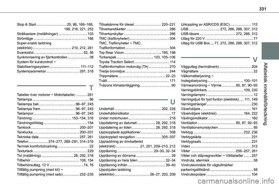 TOYOTA PROACE VERSO EV 2022 Bruksanvisningar (in Swedish) 331
Alfabetisk innehållsförteckning
Stop & Start 25, 86, 166–168, 199, 216, 221, 253Strålkastare (inställningar) 103Strömläge 166Super-snabb laddning (elektrisk) 210, 212, 261Svankst TOYOTA PROACE VERSO EV 2022 Bruksanvisningar (in Swedish) 331
Alfabetisk innehållsförteckning
Stop & Start 25, 86, 166–168, 199, 216, 221, 253Strålkastare (inställningar) 103Strömläge 166Super-snabb laddning (elektrisk) 210, 212, 261Svankst