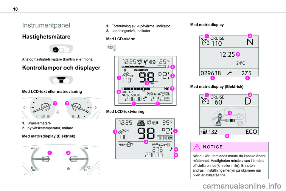 TOYOTA PROACE VERSO EV 2022  Bruksanvisningar (in Swedish) 10
Instrumentpanel
Hastighetsmätare 
 
Analog hastighetsmätare (km/tim eller mph).
Kontrollampor och displayer 
 
Med LCD-text eller matrisvisning 
 
1.Bränslemätare
2.Kylvätsketemperatur, mätar