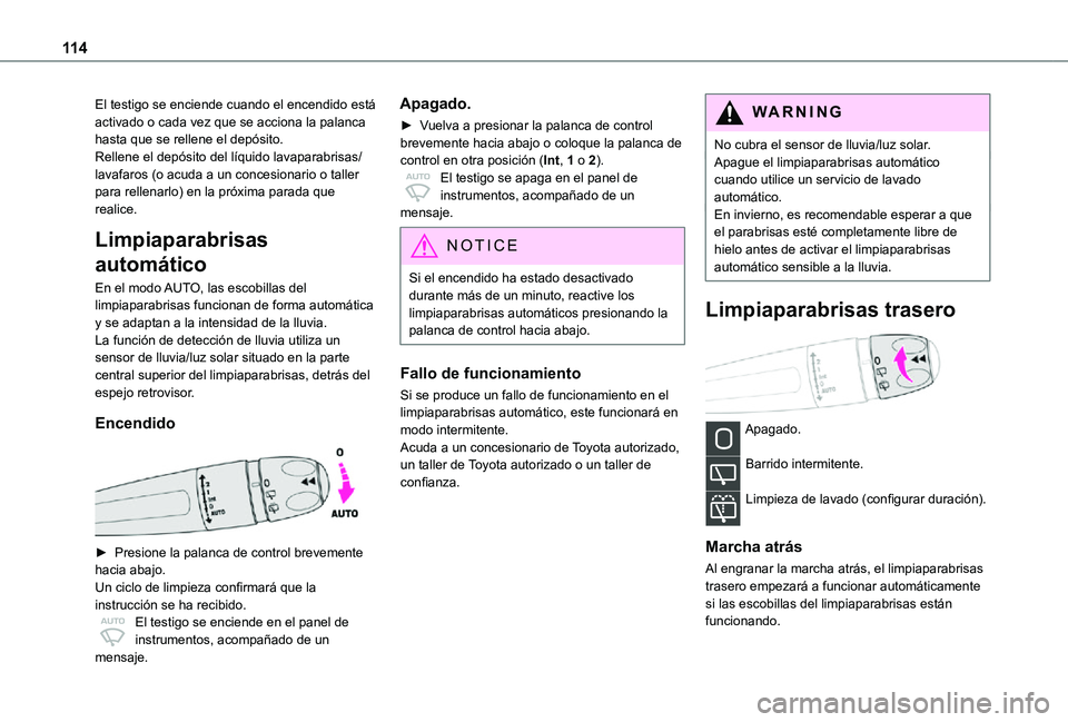 TOYOTA PROACE VERSO EV 2020 Manual del propietario (in Spanish) 11 4
El testigo se enciende cuando el encendido está activado o cada vez que se acciona la palanca hasta que se rellene el depósito.Rellene el depósito del líquido lavaparabrisas/lavafaros (o acud TOYOTA PROACE VERSO EV 2020 Manual del propietario (in Spanish) 11 4
El testigo se enciende cuando el encendido está activado o cada vez que se acciona la palanca hasta que se rellene el depósito.Rellene el depósito del líquido lavaparabrisas/lavafaros (o acud
