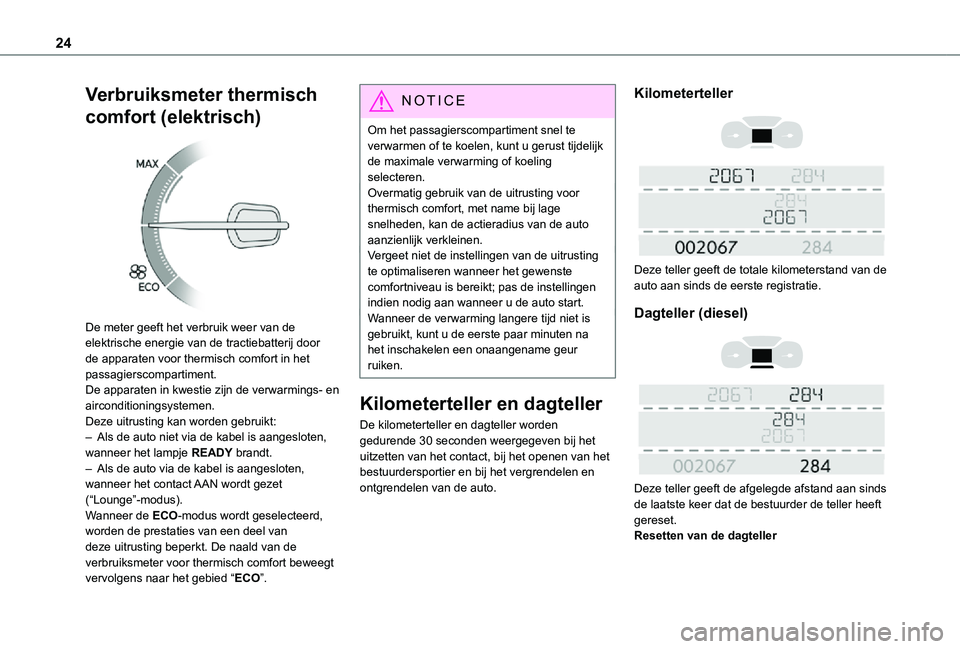 TOYOTA PROACE VERSO EV 2020  Instructieboekje (in Dutch) 24
Verbruiksmeter thermisch 
comfort (elektrisch) 
 
De meter geeft het verbruik weer van de elektrische energie van de tractiebatterij door de apparaten voor thermisch comfort in het passagierscompar