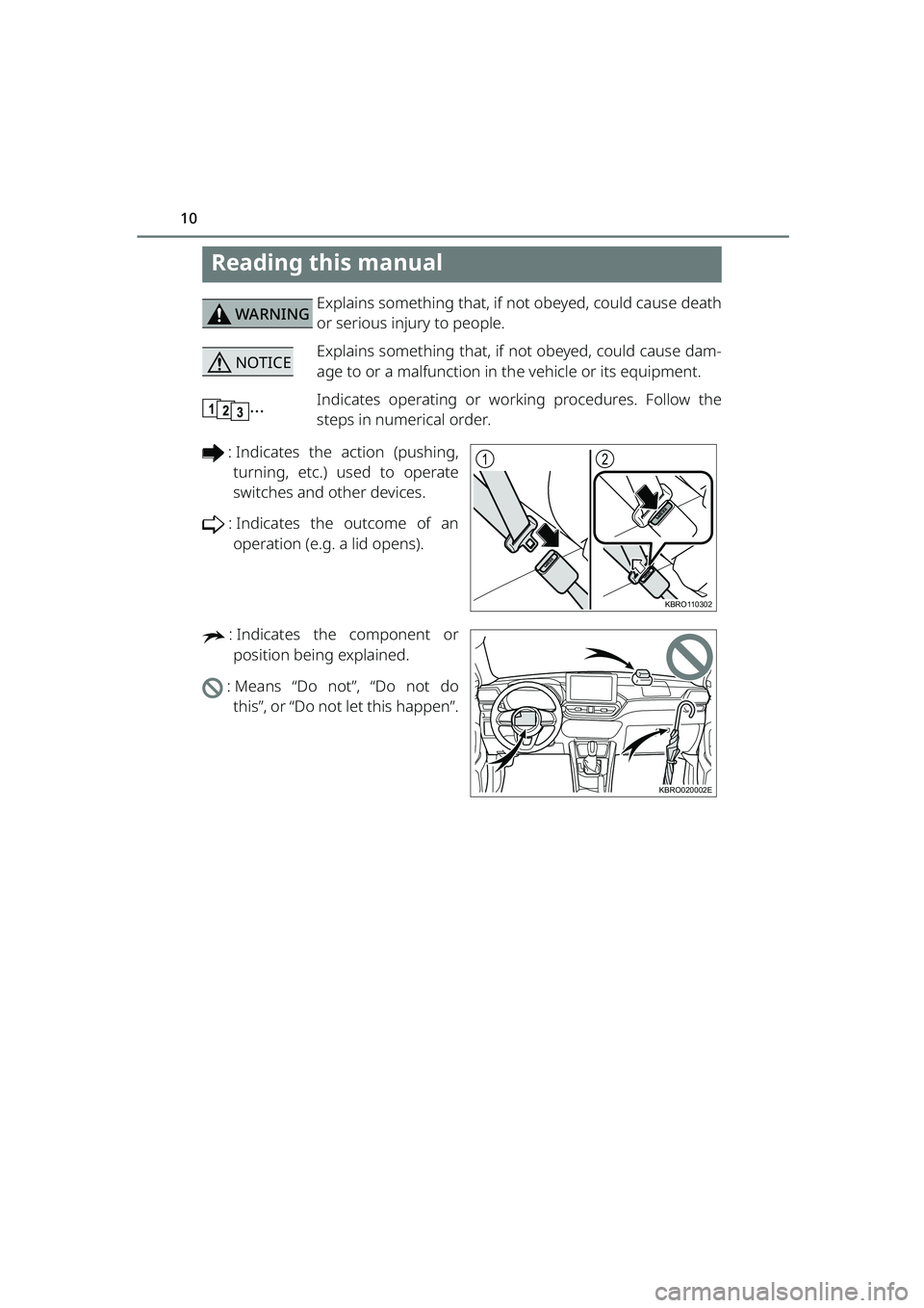 TOYOTA RAIZE 2023  Owners Manual 10
RAIZE_OM_General_BZ358E
Reading this manual
 Explains something that, if not obeyed, could cause deathor serious injury to people.
  Explains something that, if not obeyed, could cause dam- age to 