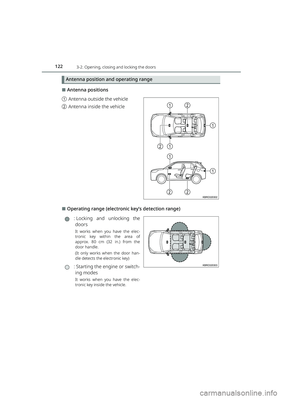 TOYOTA RAIZE 2023  Owners Manual 1223-2. Opening, closing and locking the doors
RAIZE_OM_General_BZ358E
Antenna position and operating range
⬛Antenna positions
a Antenna outside the vehicle
b Antenna inside the vehicle
⬛Operating