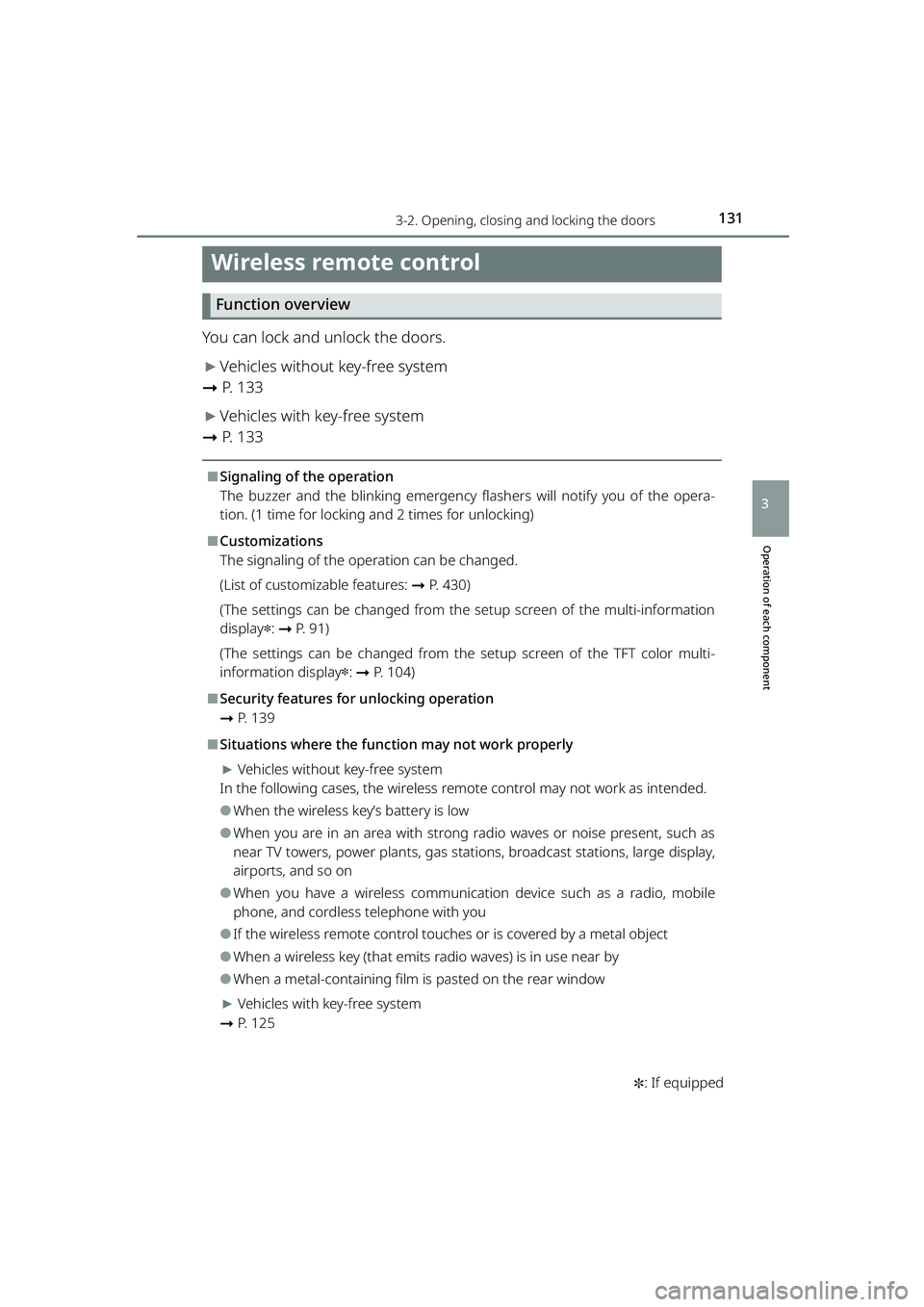 TOYOTA RAIZE 2023  Owners Manual 1313-2. Opening, closing and locking the doors
RAIZE_OM_General_BZ358E ✽
: If equipped
Operation of each component
3
Wireless remote control
Function overview
You can lock and unlock the doors.
▶V