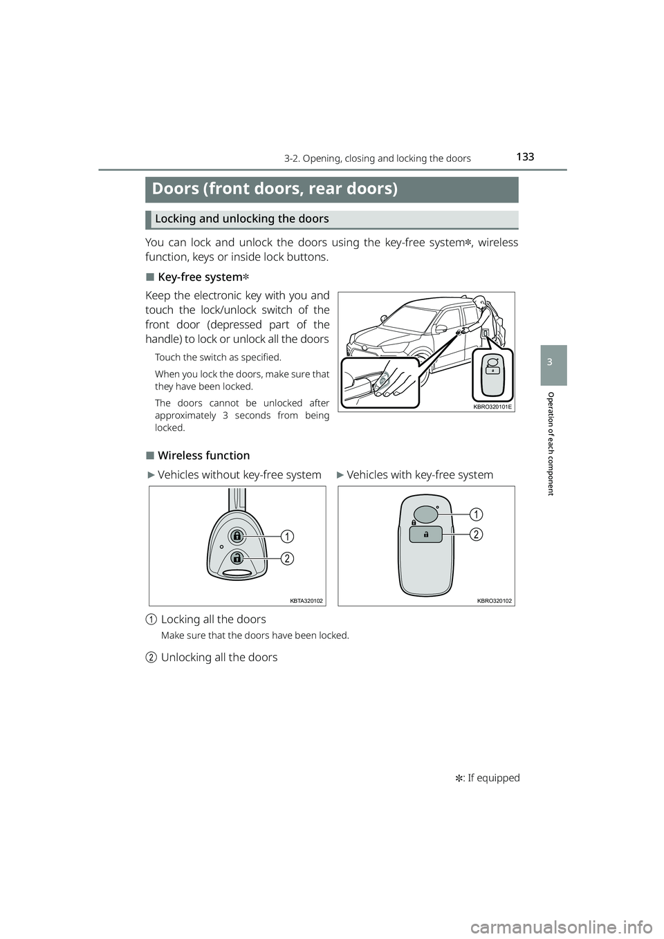 TOYOTA RAIZE 2023  Owners Manual 1333-2. Opening, closing and locking the doors
RAIZE_OM_General_BZ358E ✽
: If equipped
Operation of each component
3
Doors (front doors, rear doors)
Locking and unloc king the doors
You can lock and