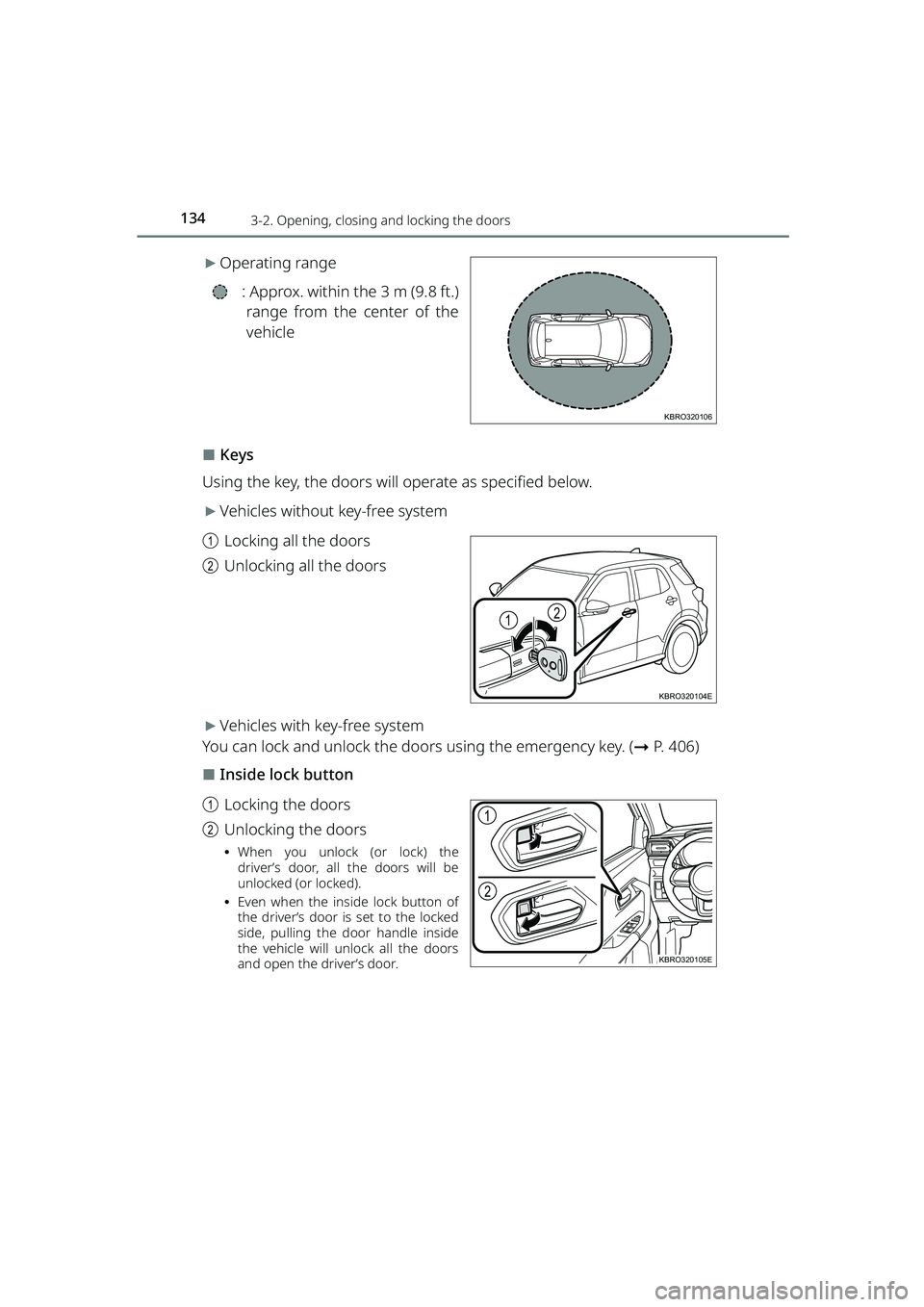 TOYOTA RAIZE 2023  Owners Manual 1343-2. Opening, closing and locking the doors
RAIZE_OM_General_BZ358E
▶Operating range
 : Approx. within the 3 m (9.8 ft.)range from the center of the
vehicle
⬛Keys
Using the key, the doors will 