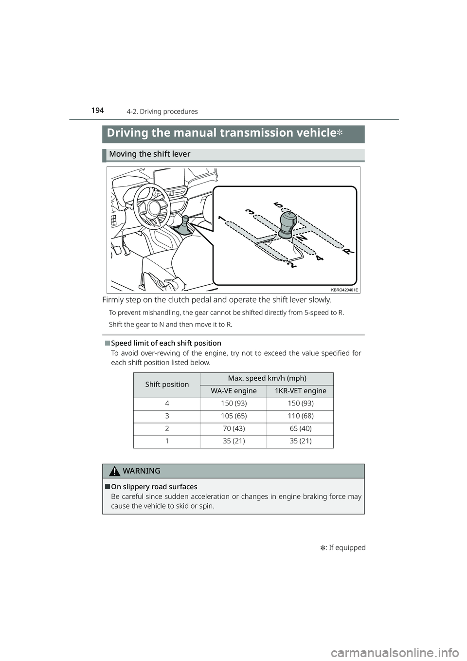 TOYOTA RAIZE 2023  Owners Manual 1944-2. Driving procedures
RAIZE_OM_General_BZ358E✽
: If equipped
Driving the manual transmission vehicle✽
Moving the shift lever
Firmly step on the clutch pedal and operate the shift lever slowly