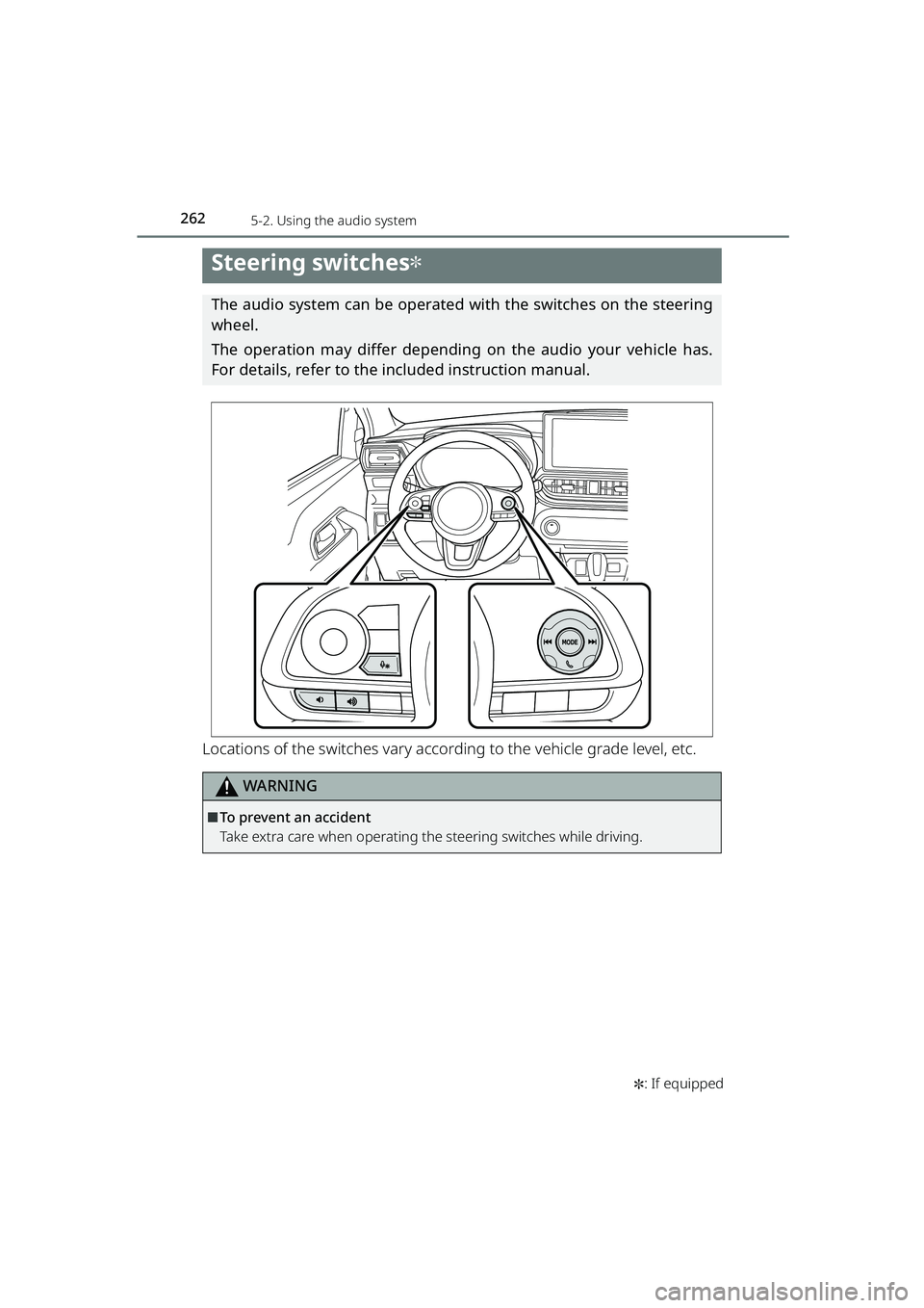 TOYOTA RAIZE 2023  Owners Manual 262
RAIZE_OM_General_BZ358E✽
: If equipped
5-2. Using the audio system
Steering switches✽
The audio system can be operated with the switches on the steering
wheel.
The operation may differ dependi