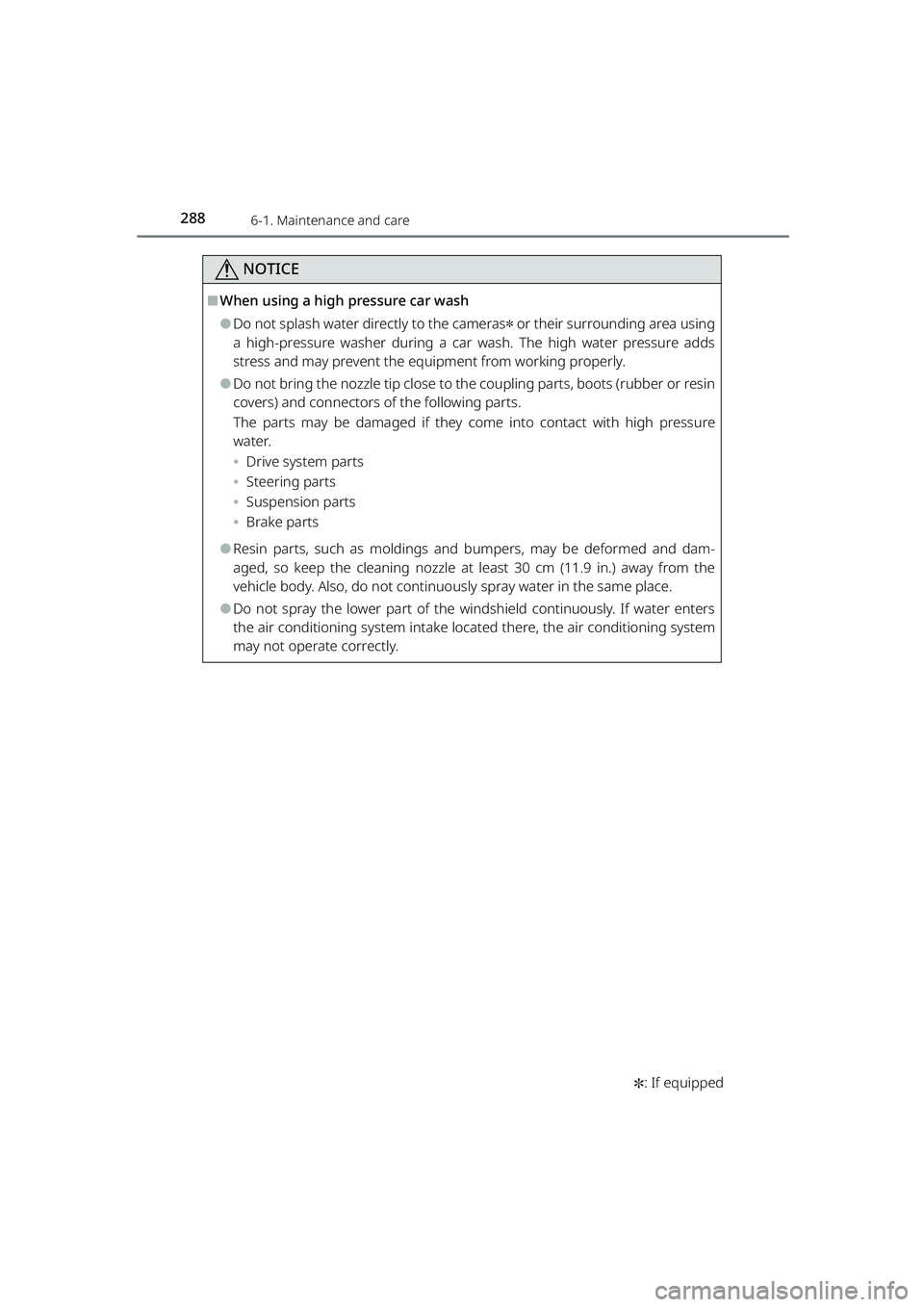TOYOTA RAIZE 2023  Owners Manual 2886-1. Maintenance and care
RAIZE_OM_General_BZ358E
NOTICE
✽: If equipped
⬛When using a high pressure car wash
⚫Do not splash water directly to the cameras✽ or their surrounding area using
a 