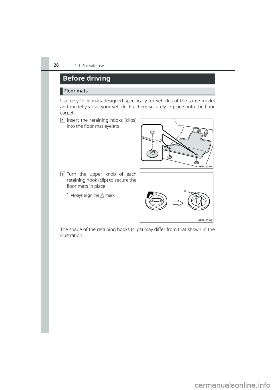TOYOTA RAIZE 2023  Owners Manual 28
RAIZE_OM_General_BZ358E
1-1. For safe use
Before driving
Floor mats
Use only floor mats designed specifically for vehicles of the same model
and model year as your vehicle. Fix them securely in pla