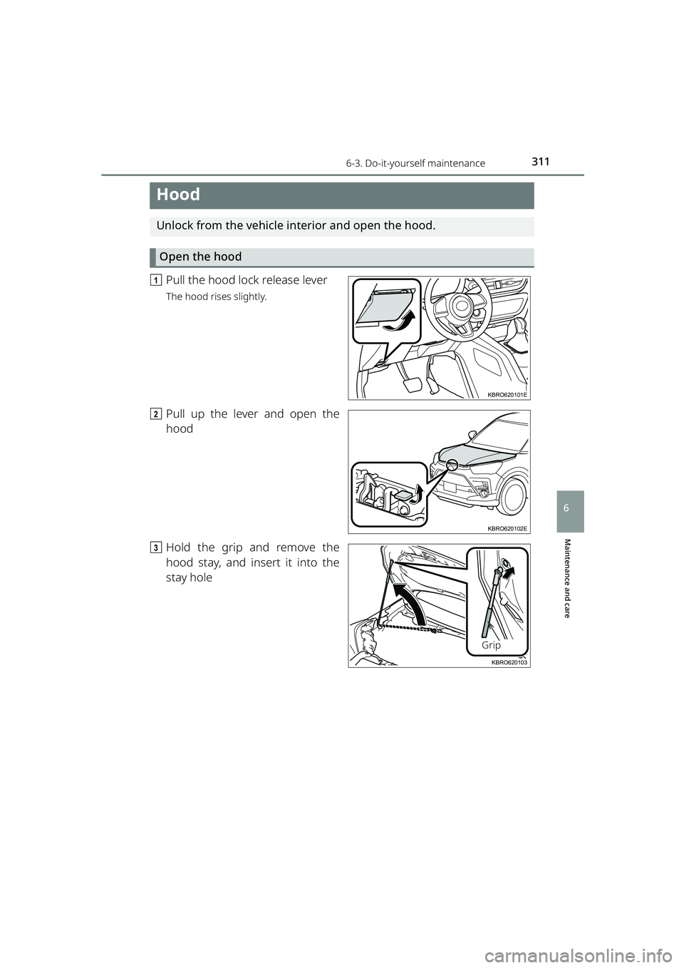 TOYOTA RAIZE 2023  Owners Manual 3116-3. Do-it-yourself maintenance
RAIZE_OM_General_BZ358E
Maintenance and care
6
Hood
Unlock from the vehicle interior and open the hood.Open the hood
a Pull the hood lock release lever
The hood rise
