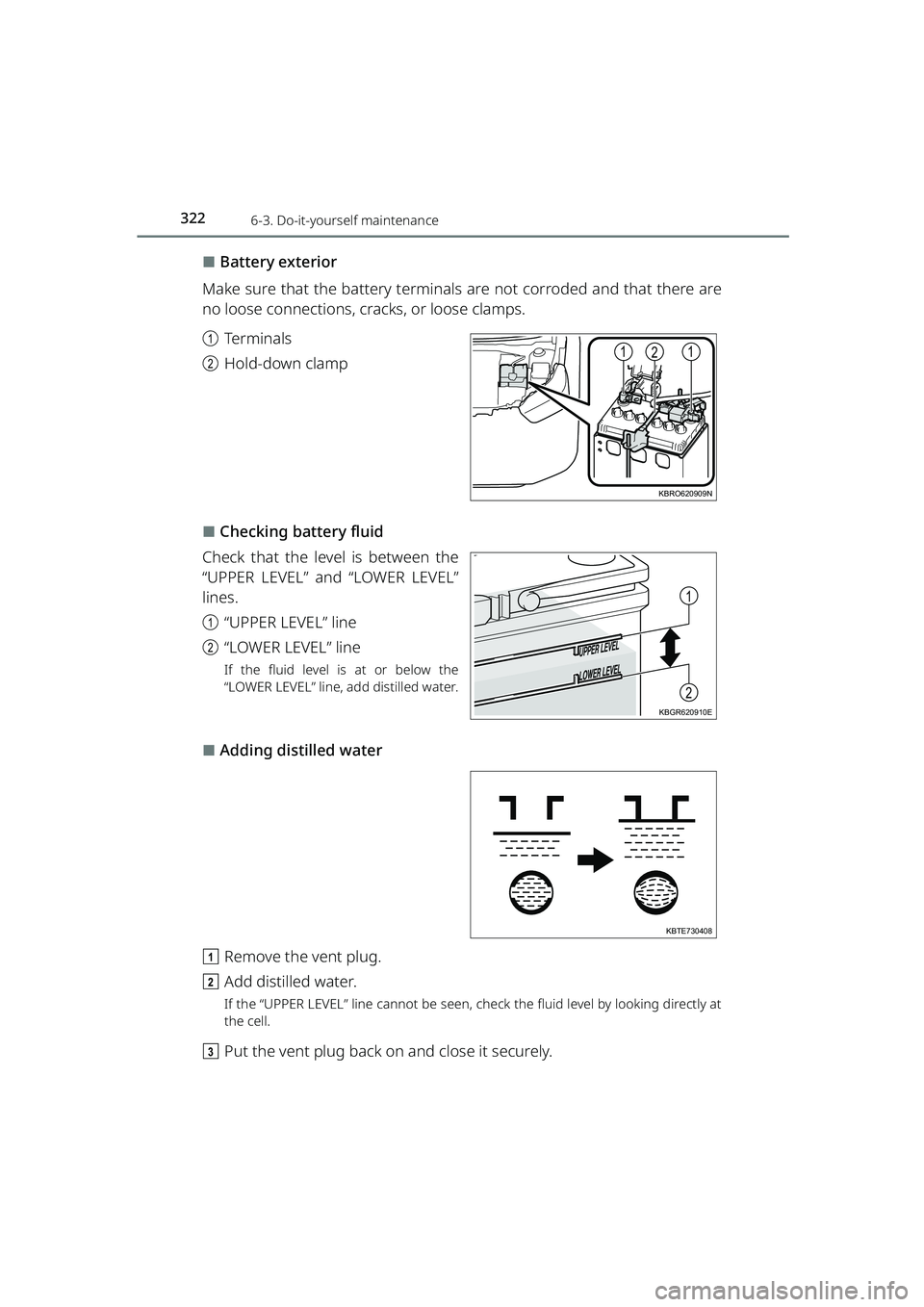 TOYOTA RAIZE 2023  Owners Manual 3226-3. Do-it-yourself maintenance
RAIZE_OM_General_BZ358E
⬛Battery exterior
Make sure that the battery terminals are not corroded and that there are
no loose connections, cracks, or loose clamps.
a
