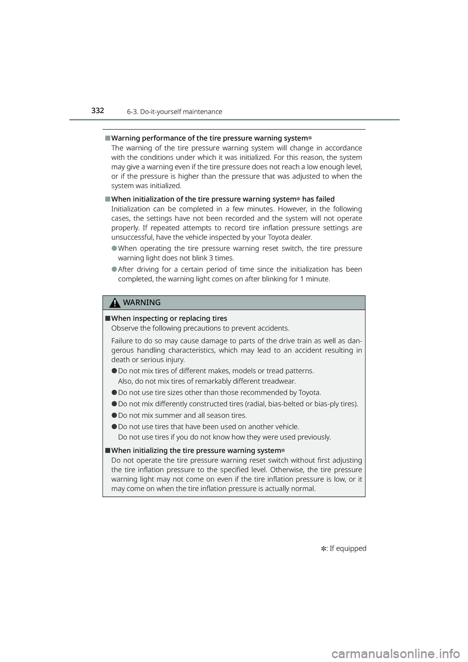 TOYOTA RAIZE 2023  Owners Manual 3326-3. Do-it-yourself maintenance
RAIZE_OM_General_BZ358E
✽: If equipped
⬛Warning performance of the tire pressure warning system✽
The warning of the tire pressure warning system will change in