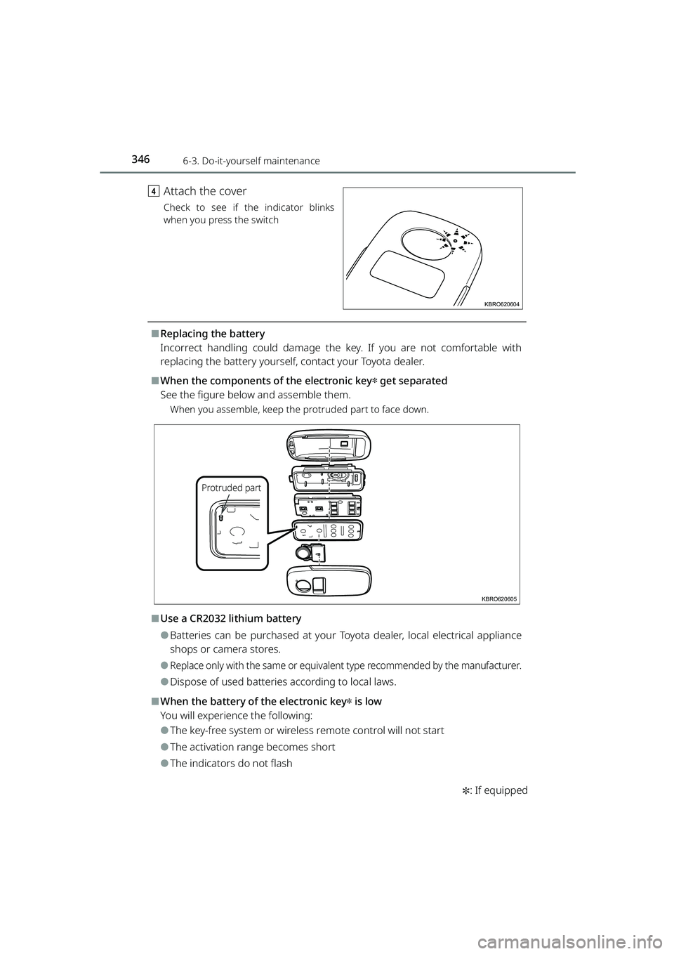 TOYOTA RAIZE 2023  Owners Manual 3466-3. Do-it-yourself maintenance
RAIZE_OM_General_BZ358E✽
: If equipped
 d Attach the cover
Check to see if the indicator blinks
when you press the switch
 
⬛Replacing the battery
Incorrect hand