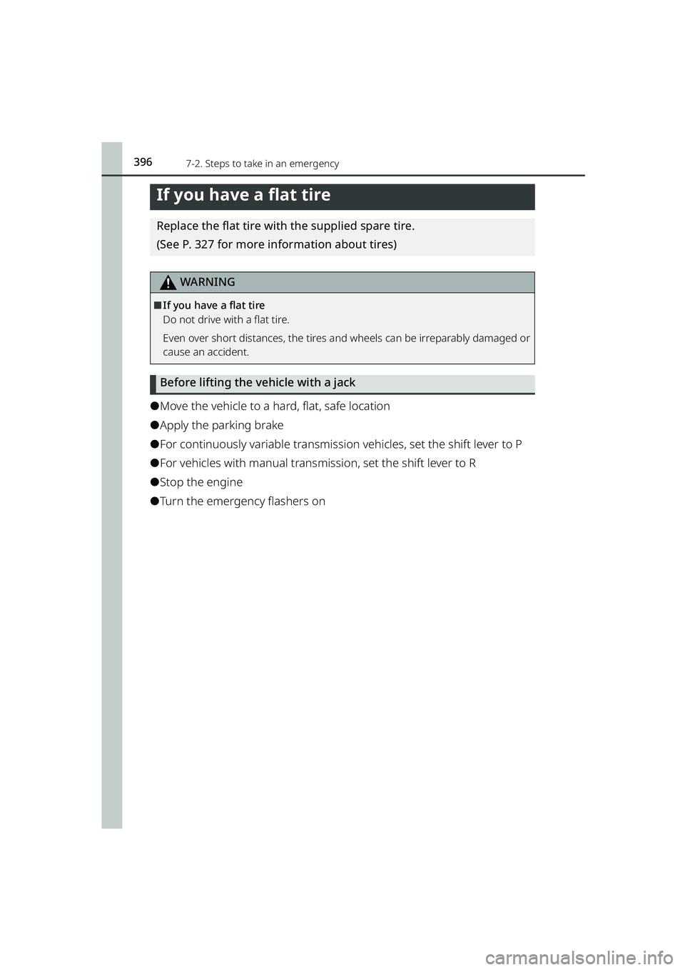 TOYOTA RAIZE 2023  Owners Manual 3967-2. Steps to take in an emergency
RAIZE_OM_General_BZ358E
If you have a flat tire
Replace the flat tire with the supplied spare tire.
(See P. 327 for more information about tires)
WARNING
⬛If yo