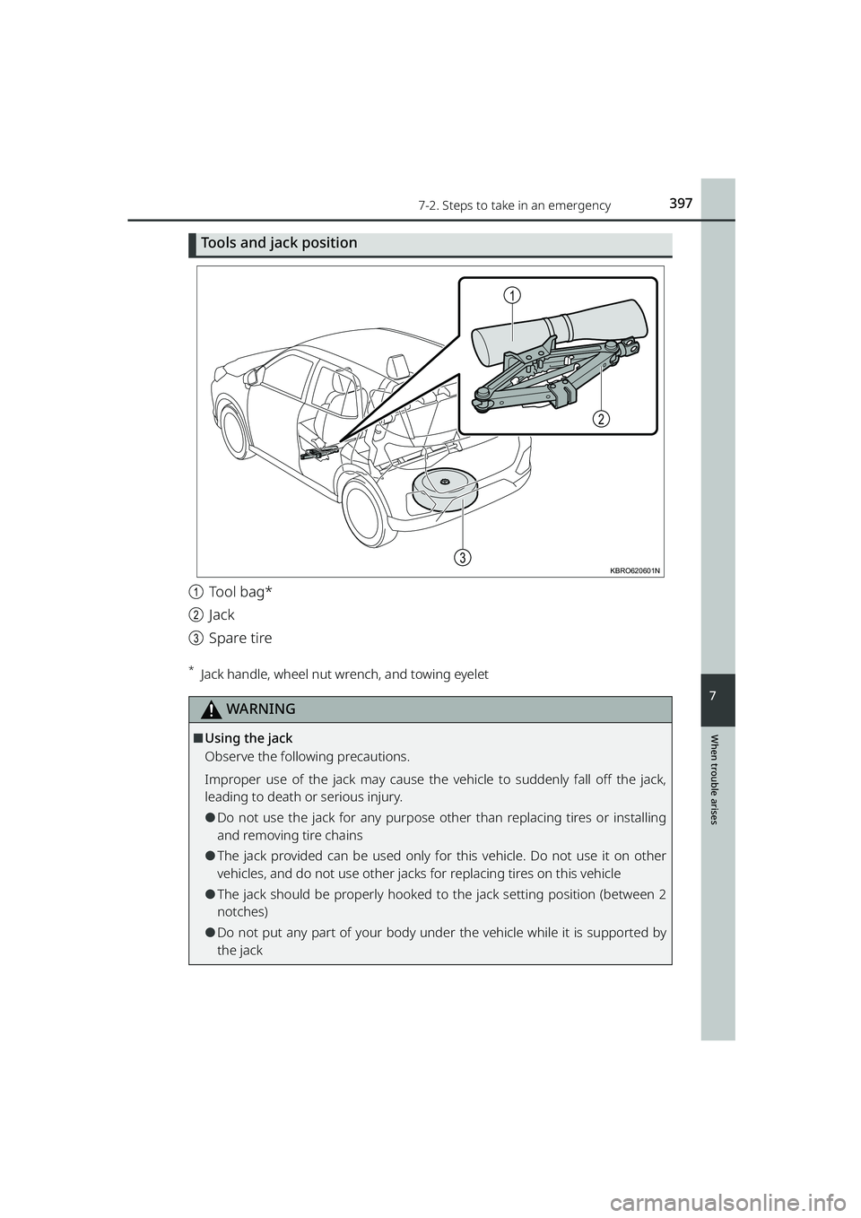 TOYOTA RAIZE 2023  Owners Manual 3977-2. Steps to take in an emergency
RAIZE_OM_General_BZ358E
When trouble arises
7
Tools and jack position
aTool bag*
b Jack
c Spare tire
*Jack handle, wheel nut wrench, and towing eyelet
WARNING
⬛