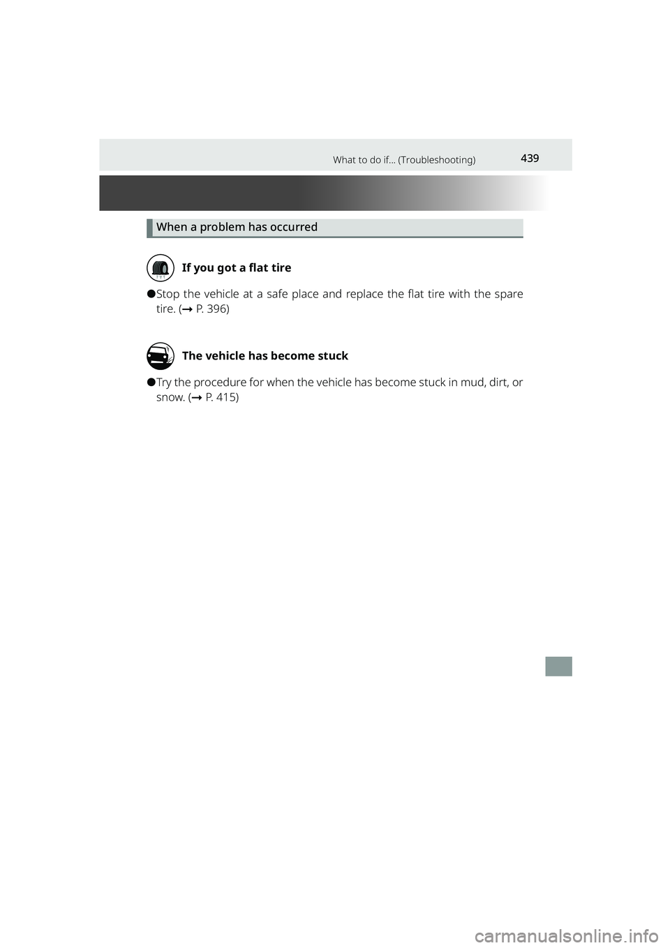 TOYOTA RAIZE 2023  Owners Manual 439What to do if... (Troubleshooting)
RAIZE_OM_General_BZ358E
When a problem has occurred
If you got a flat tire
⚫Stop the vehicle at a safe place and replace the flat tire with the spare
tire. (➞