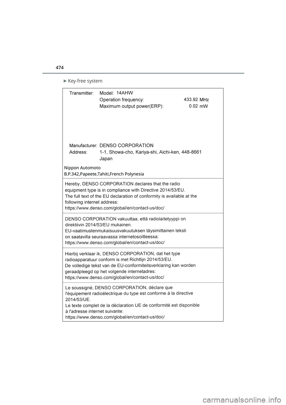 TOYOTA RAIZE 2023  Owners Manual 474
RAIZE_OM_General_BZ358E
▶Key-free system
Nippon Automoto
B.P.342,Papeete,Tahiti,French Polynesia
RAIZE_OM_General_BZ358E.book  474 ページ  ２０２２年５月１７日　火曜日　午後