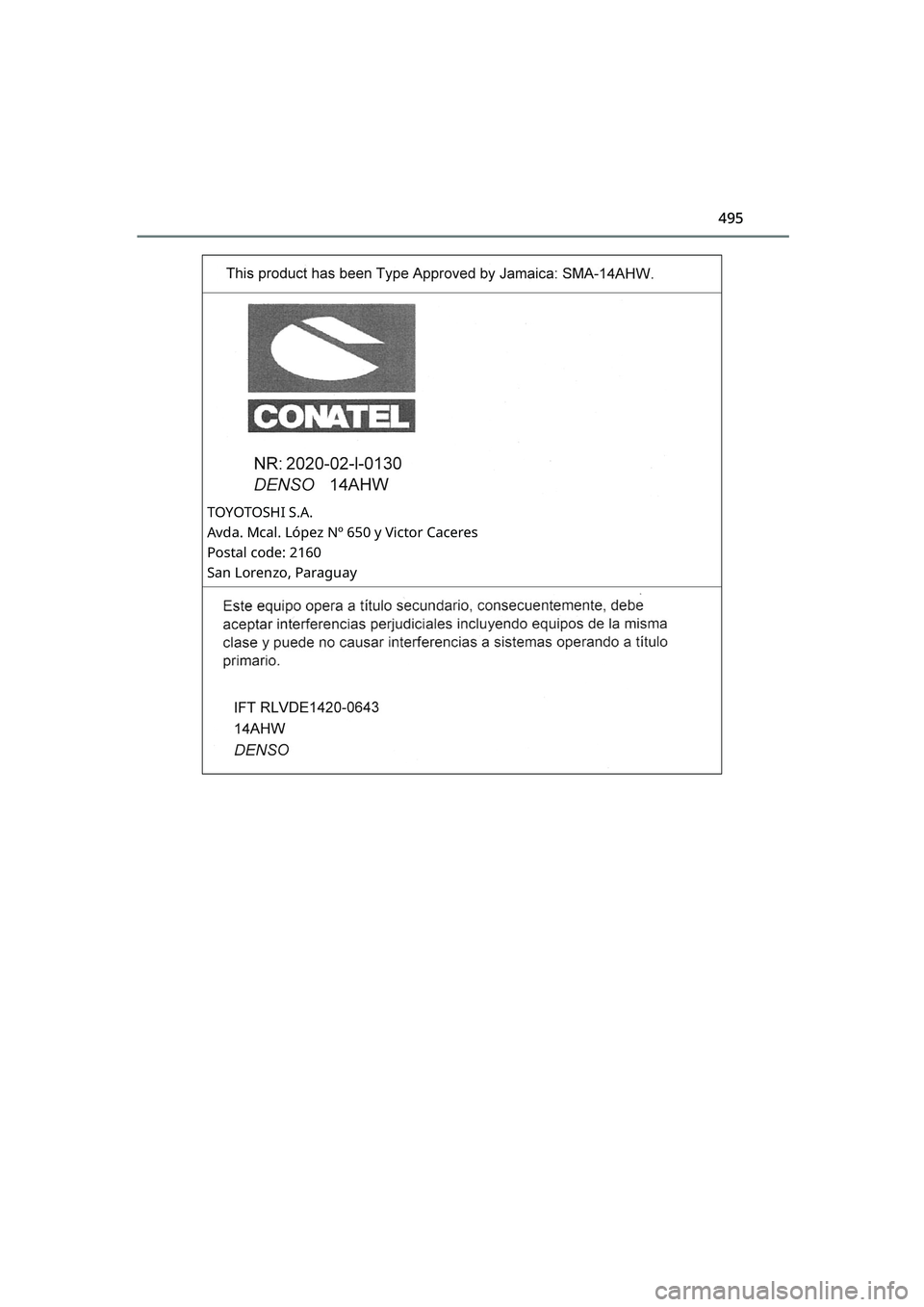 TOYOTA RAIZE 2023  Owners Manual 495
RAIZE_OM_General_BZ358E
TOYOTOSHI S.A.
Avda. Mcal. López Nº 650 y Victor Caceres
Postal code: 2160
San Lorenzo, Paraguay
RAIZE_OM_General_BZ358E.book  495 ページ  ２０２２年５月１７