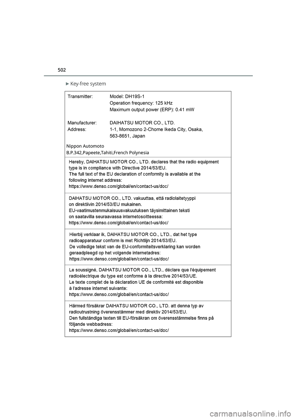 TOYOTA RAIZE 2023  Owners Manual 502
RAIZE_OM_General_BZ358E
▶Key-free system
Nippon Automoto
B.P.342,Papeete,Tahiti,French Polynesia
RAIZE_OM_General_BZ358E.book  502 ページ  ２０２２年５月１７日　火曜日　午後