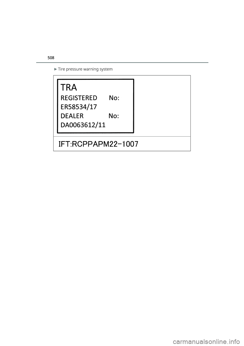 TOYOTA RAIZE 2023  Owners Manual 508 
RAIZE_OM_General_BZ358E
▶Tire pressure warning system
Certifications.fm  508 ページ  ２０２２年６月１３日　月曜日　午後６時１２分 