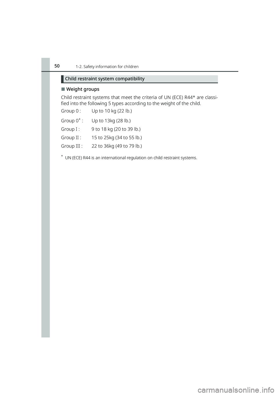 TOYOTA RAIZE 2023  Owners Manual 501-2. Safety information for children
RAIZE_OM_General_BZ358E
Child restraint system compatibility
⬛Weight groups
Child restraint systems that meet the cr iteria of UN (ECE) R44* are classi-
fied i