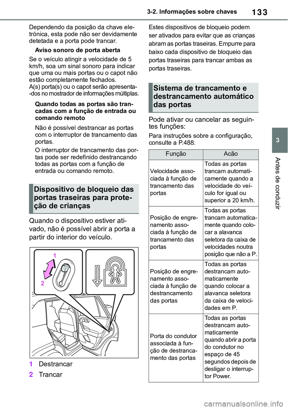 TOYOTA RAV4 2022 Manual de utilização (in Portuguese) 133
3 3-2. Informações sobre chaves
Antes de conduzir
Dependendo da posição da chave ele-
trónica, esta pode não ser devidamente
detetada e a porta pode trancar.
Aviso sonoro de porta aberta
Se TOYOTA RAV4 2022 Manual de utilização (in Portuguese) 133
3 3-2. Informações sobre chaves
Antes de conduzir
Dependendo da posição da chave ele-
trónica, esta pode não ser devidamente
detetada e a porta pode trancar.
Aviso sonoro de porta aberta
Se