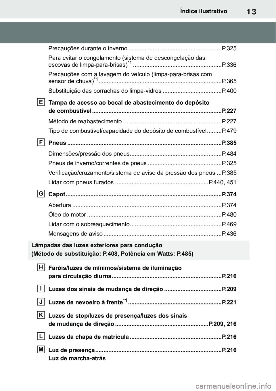 TOYOTA RAV4 2022 Manual de utilização (in Portuguese) 13Índice ilustrativo
Precauções durante o inverno .........................................................P. 3 2 5
Para evitar o congelamento (sistema de descongelação das
escovas do limpa-p TOYOTA RAV4 2022 Manual de utilização (in Portuguese) 13Índice ilustrativo
Precauções durante o inverno .........................................................P. 3 2 5
Para evitar o congelamento (sistema de descongelação das
escovas do limpa-p