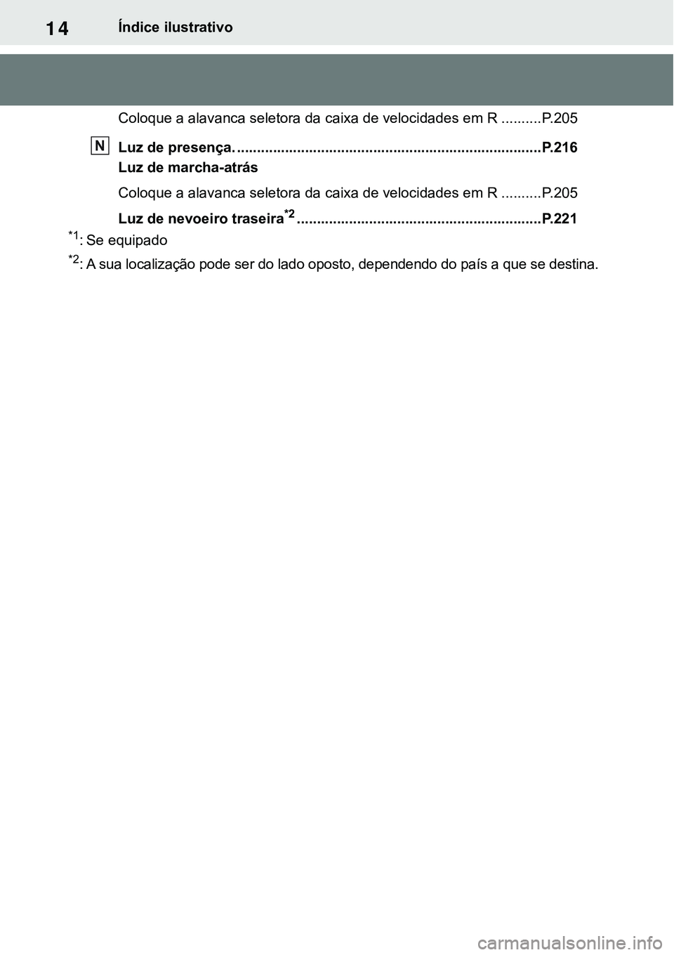 TOYOTA RAV4 2022  Manual de utilização (in Portuguese) 14Índice ilustrativo
Coloque a alavanca seletora da caixa de velocidades em R ..........P. 2 0 5
Luz de presença. ............................................................................P.216