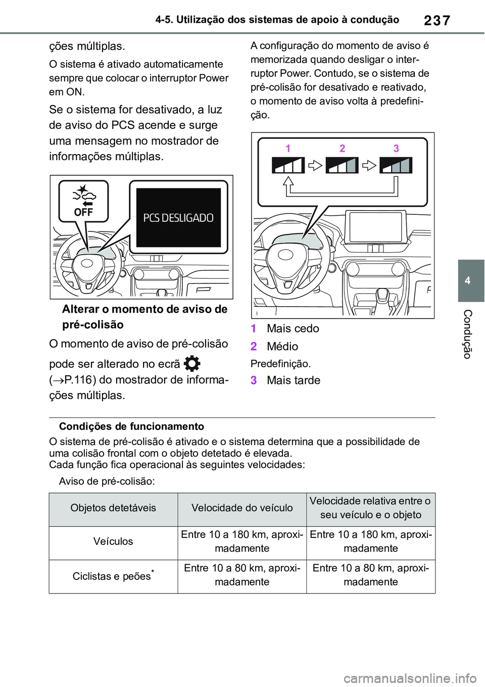 TOYOTA RAV4 2022 Manual de utilização (in Portuguese) 237
4 4-5. Utilização dos sistemas de apoio à condução
Condução
ções múltiplas.
O sistema é ativado automaticamente
sempre que colocar o interruptor Power
em ON.
Se o sistema for desativa TOYOTA RAV4 2022 Manual de utilização (in Portuguese) 237
4 4-5. Utilização dos sistemas de apoio à condução
Condução
ções múltiplas.
O sistema é ativado automaticamente
sempre que colocar o interruptor Power
em ON.
Se o sistema for desativa