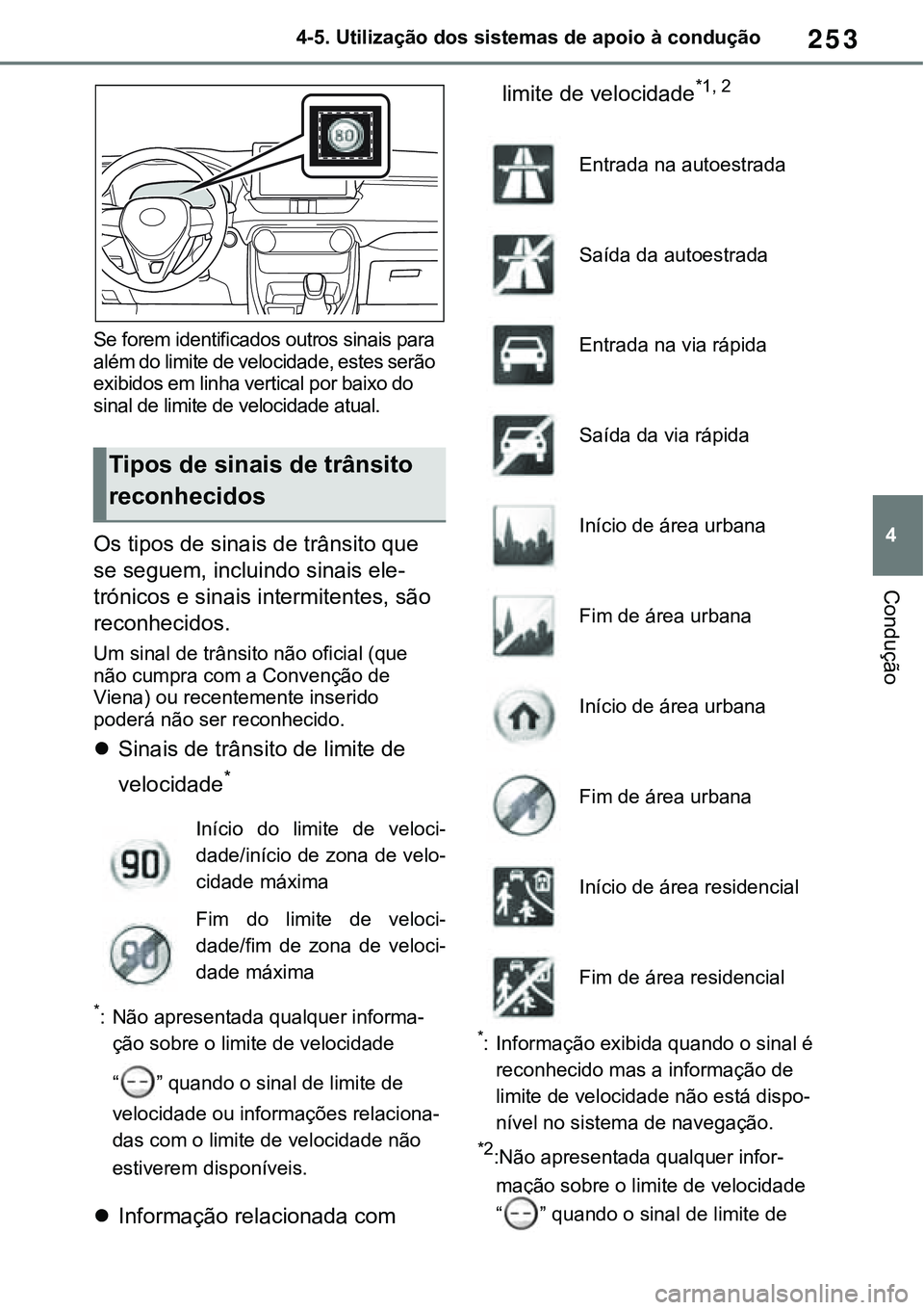 TOYOTA RAV4 2022 Manual de utilização (in Portuguese) 253
4 4-5. Utilização dos sistemas de apoio à condução
Condução
Se forem identificados outros sinais para
além do limite de velocidade, estes serão
exibidos em linha vertical por baixo do
TOYOTA RAV4 2022 Manual de utilização (in Portuguese) 253
4 4-5. Utilização dos sistemas de apoio à condução
Condução
Se forem identificados outros sinais para
além do limite de velocidade, estes serão
exibidos em linha vertical por baixo do