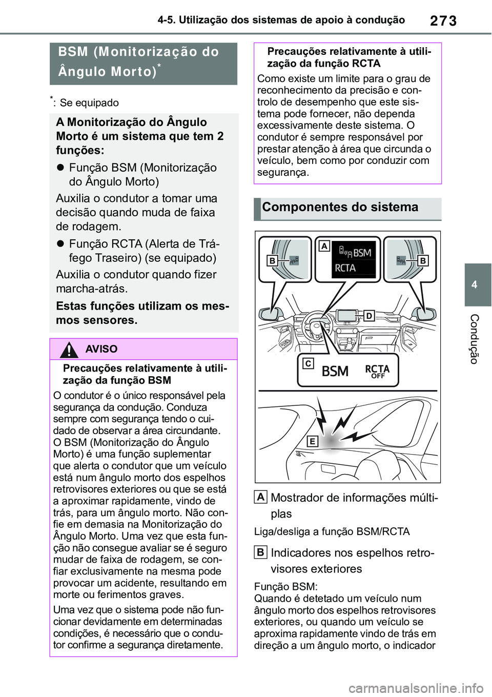 TOYOTA RAV4 2022  Manual de utilização (in Portuguese) 273
4 4-5. Utilização dos sistemas de apoio à condução
Condução
*: Se equipado
Mostrador de informações múlti-
plas
Liga/desliga a função BSM/RCTA
Indicadores nos espelhos retro-
visores e