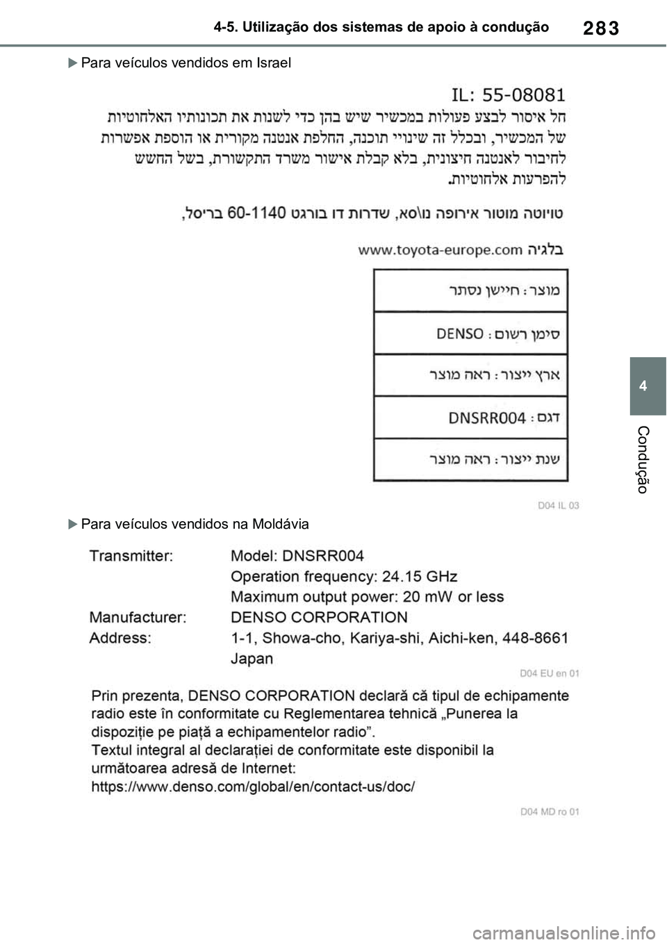 TOYOTA RAV4 2022  Manual de utilização (in Portuguese) 283
4 4-5. Utilização dos sistemas de apoio à condução
Condução
Para veículos vendidos em Israel
Para veículos vendidos na Moldávia 