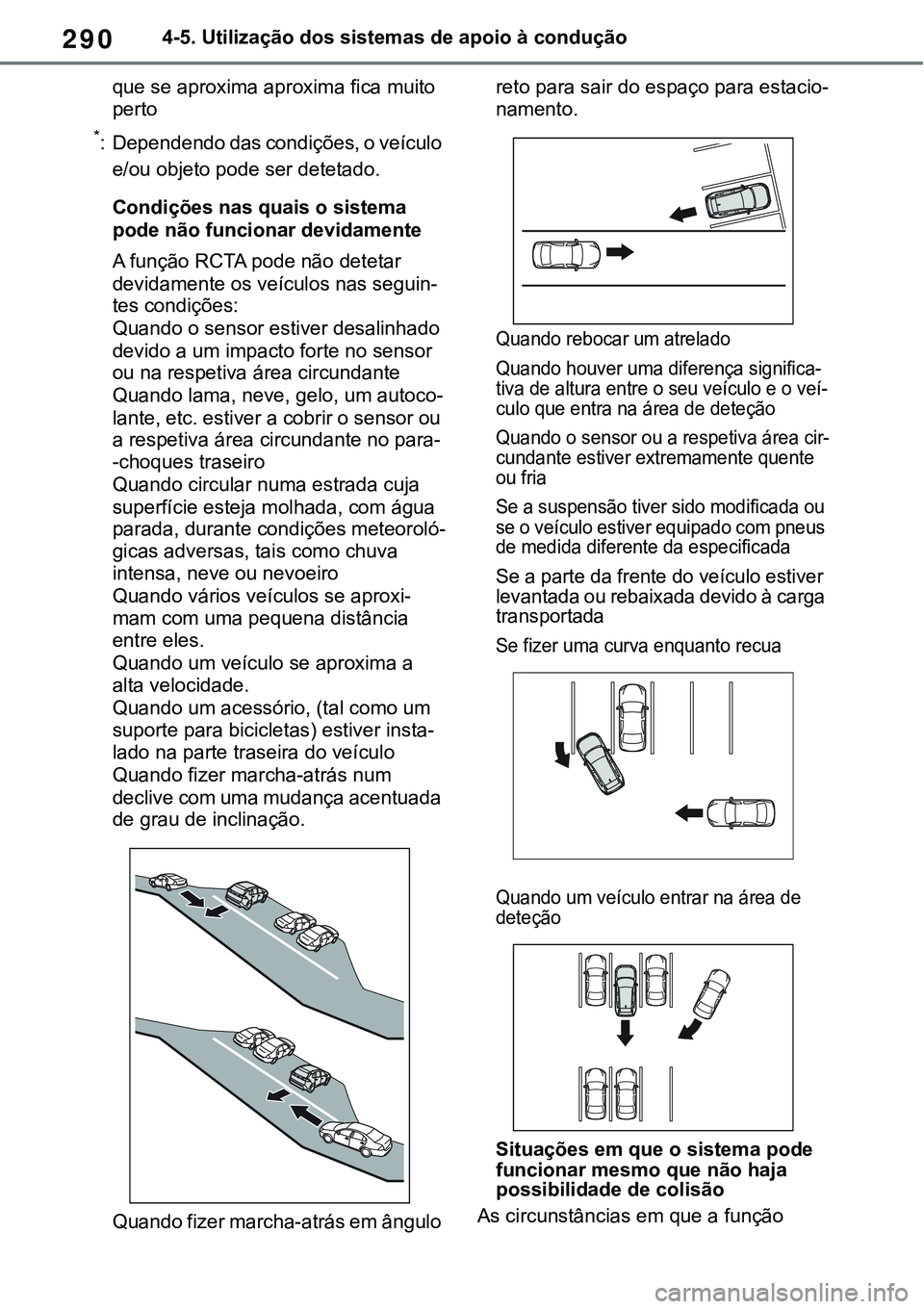 TOYOTA RAV4 2022 Manual de utilização (in Portuguese) 2904-5. Utilização dos sistemas de apoio à condução
que se aproxima aproxima fica muito
perto
*: Dependendo das condições, o veículo
e/ou objeto pode ser detetado.
Condições nas quais o s TOYOTA RAV4 2022 Manual de utilização (in Portuguese) 2904-5. Utilização dos sistemas de apoio à condução
que se aproxima aproxima fica muito
perto
*: Dependendo das condições, o veículo
e/ou objeto pode ser detetado.
Condições nas quais o s