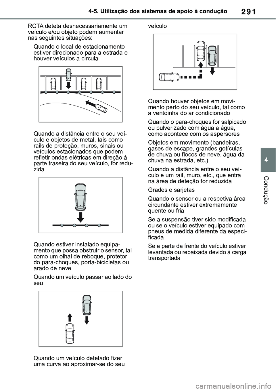 TOYOTA RAV4 2022 Manual de utilização (in Portuguese) 291
4 4-5. Utilização dos sistemas de apoio à condução
Condução
RCTA deteta desnecessariamente um
veículo e/ou objeto podem aumentar
nas seguintes situações:
Quando o local de estacionamen TOYOTA RAV4 2022 Manual de utilização (in Portuguese) 291
4 4-5. Utilização dos sistemas de apoio à condução
Condução
RCTA deteta desnecessariamente um
veículo e/ou objeto podem aumentar
nas seguintes situações:
Quando o local de estacionamen