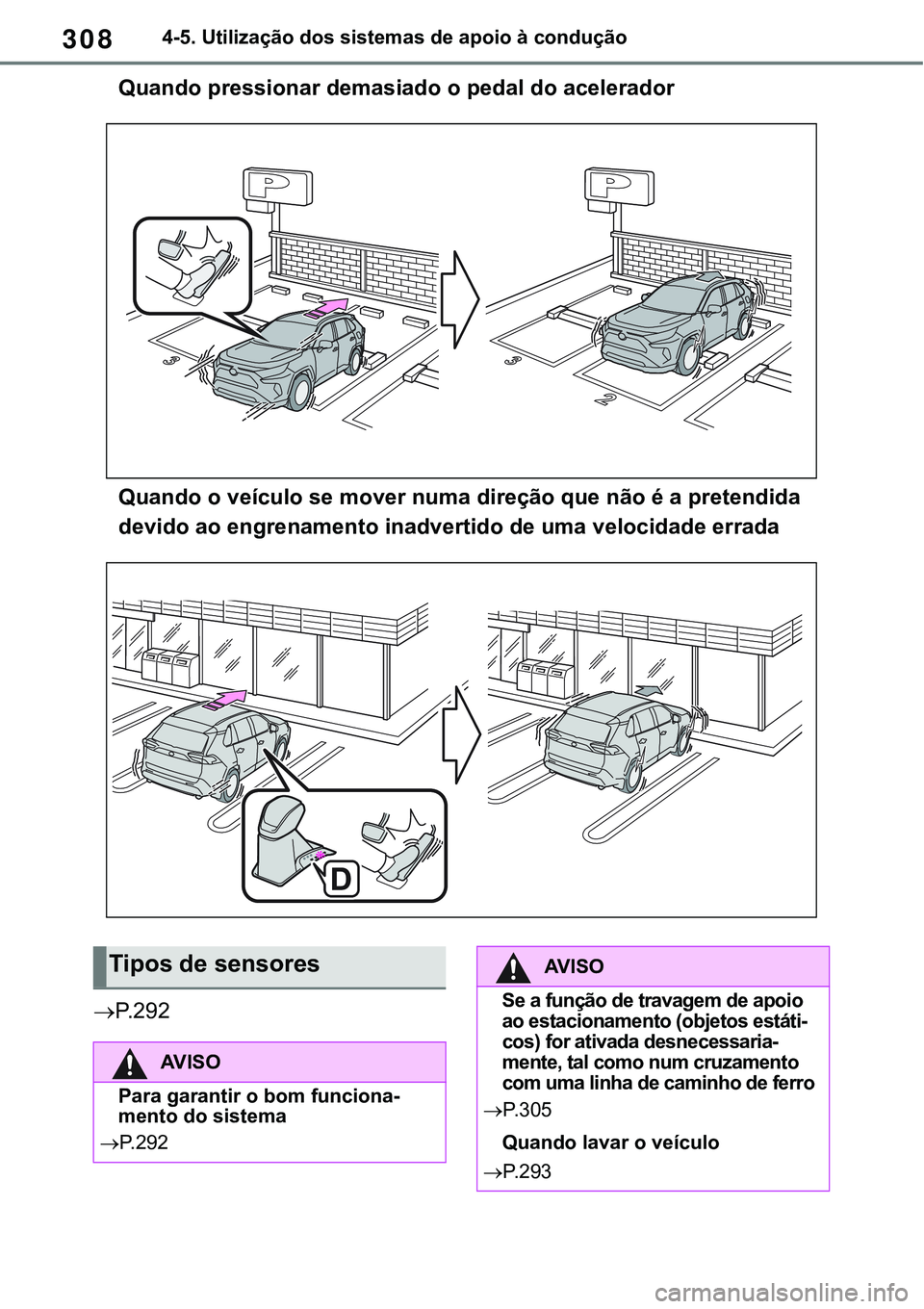 TOYOTA RAV4 2022  Manual de utilização (in Portuguese) 3084-5. Utilização dos sistemas de apoio à condução
Quando pressionar demasiado o pedal do acelerador 
Quando o veículo se mover numa direção que não é a pretendida 
devido ao engrenamento i