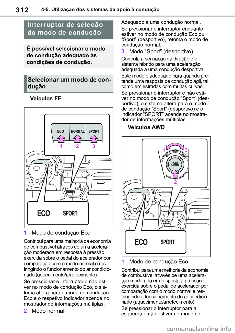 TOYOTA RAV4 2022 Manual de utilização (in Portuguese) 3124-5. Utilização dos sistemas de apoio à condução
Veículos FF
1Modo de condução Eco
Contribui para uma melhoria da economia
de combustível através de uma acelera
-ção moderada em respos TOYOTA RAV4 2022 Manual de utilização (in Portuguese) 3124-5. Utilização dos sistemas de apoio à condução
Veículos FF
1Modo de condução Eco
Contribui para uma melhoria da economia
de combustível através de uma acelera
-ção moderada em respos