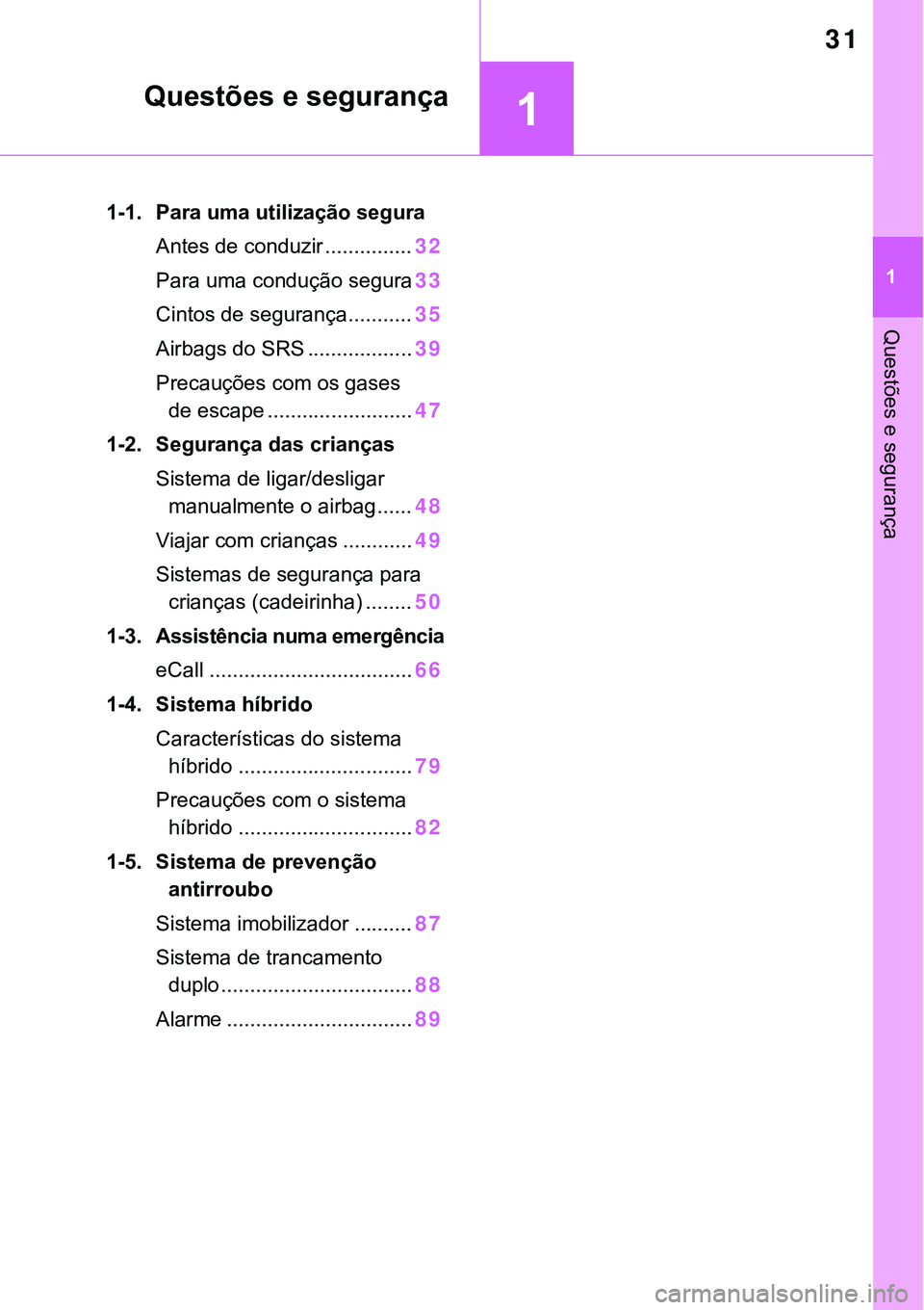 TOYOTA RAV4 2022  Manual de utilização (in Portuguese) 1
31
1
Questões e segurança
Questões e segurança
1-1. Para uma utilização segura
Antes de conduzir ...............32
Para uma condução segura33
Cintos de segurança...........35
Airbags do SRS