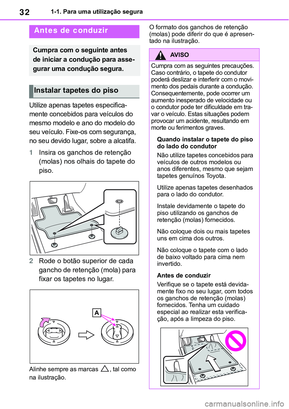 TOYOTA RAV4 2022  Manual de utilização (in Portuguese) 321-1. Para uma utilização segura
1-1.For safe use
Utilize apenas tapetes especifica-
mente concebidos para veículos do 
mesmo modelo e ano do modelo do 
seu veículo. Fixe-os com segurança, 
no s