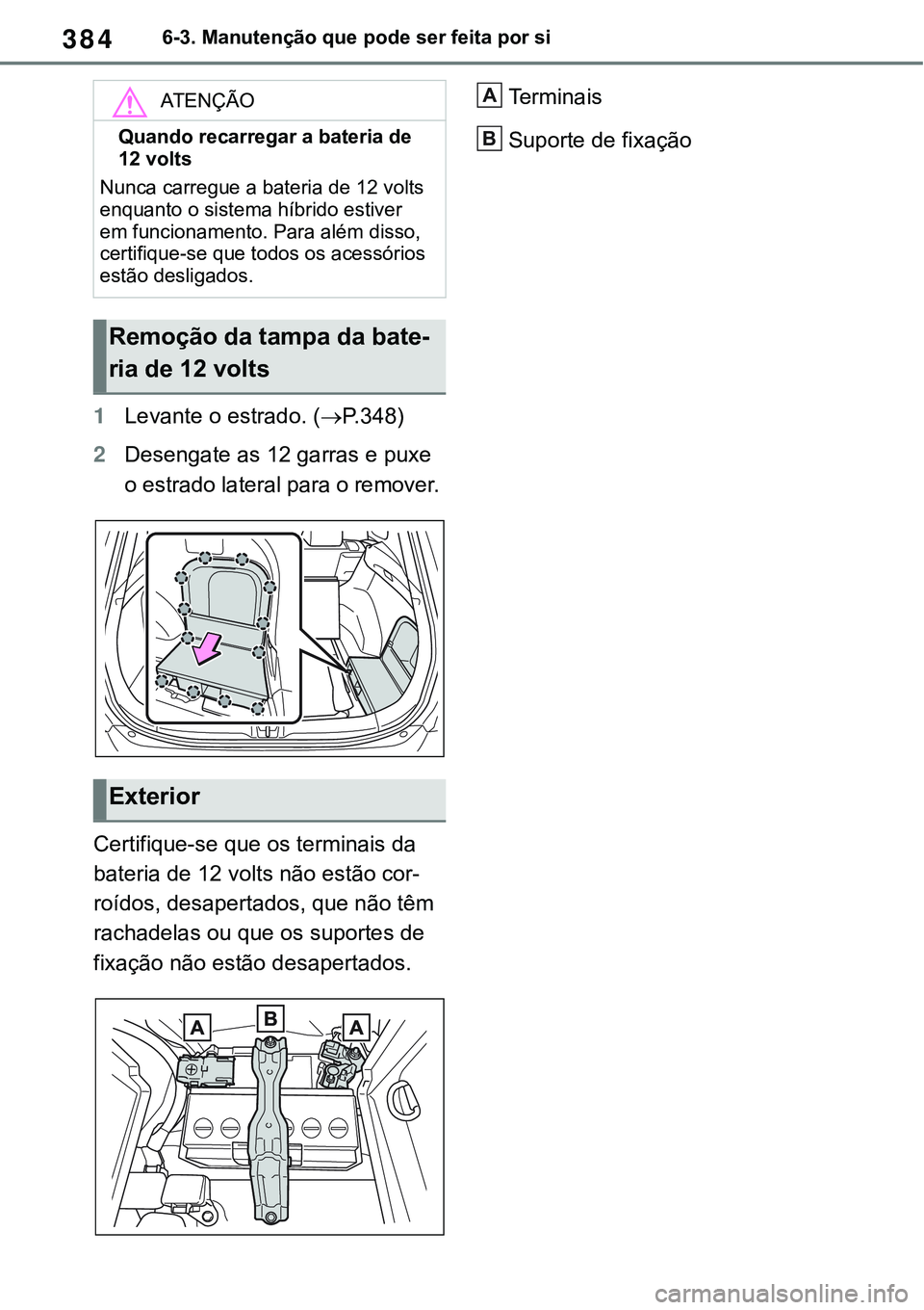 TOYOTA RAV4 2022  Manual de utilização (in Portuguese) 3846-3. Manutenção que pode ser feita por si
1Levante o estrado. (P. 3 4 8)
2Desengate as 12 garras e puxe 
o estrado lateral para o remover.
Certifique-se que os terminais da 
bateria de 12 volt