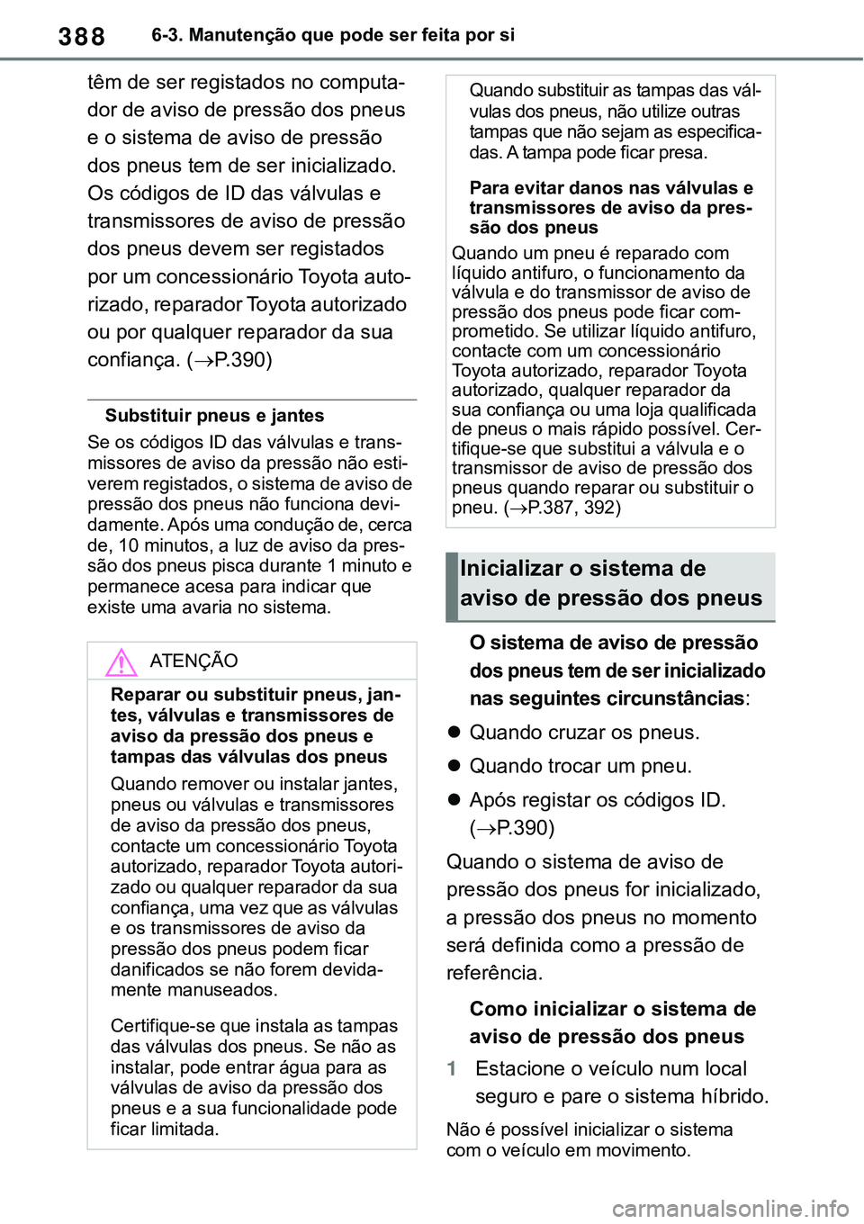 TOYOTA RAV4 2022  Manual de utilização (in Portuguese) 3886-3. Manutenção que pode ser feita por si
têm de ser registados no computa-
dor de aviso de pressão dos pneus 
e o sistema de aviso de pressão 
dos pneus tem de ser inicializado. 
Os códigos 