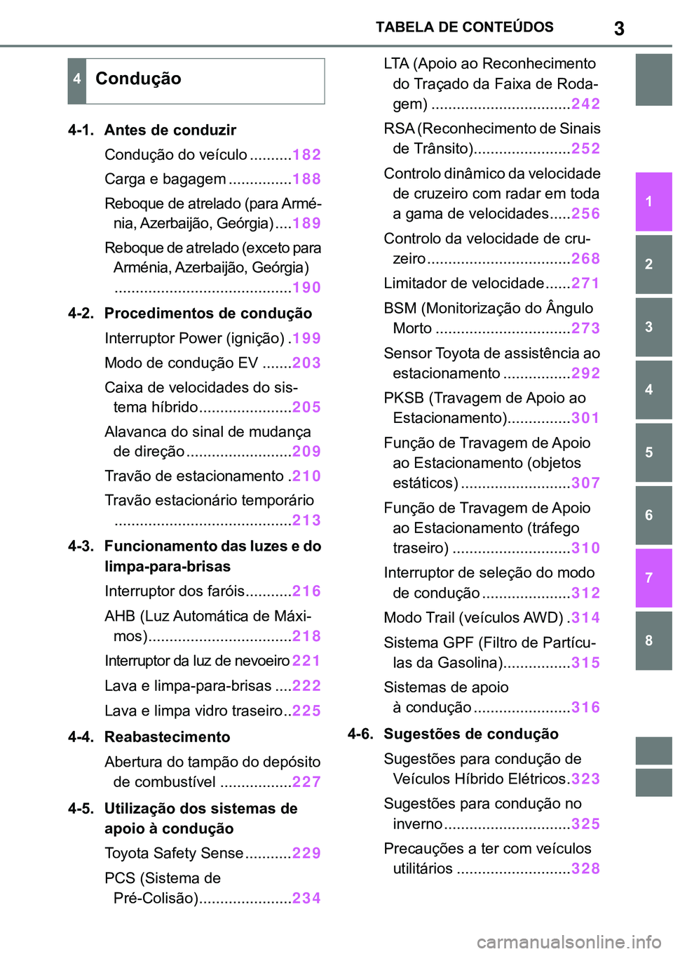 TOYOTA RAV4 2022 Manual de utilização (in Portuguese) 3TABELA DE CONTEÚDOS
1
6 5
4
3
2
8
7
4-1. Antes de conduzir
Condução do veículo..........182
Carga e bagagem...............188
Reboque de atrelado (para Armé-
nia, Azerbaijão, Geórgia) ....189 TOYOTA RAV4 2022 Manual de utilização (in Portuguese) 3TABELA DE CONTEÚDOS
1
6 5
4
3
2
8
7
4-1. Antes de conduzir
Condução do veículo..........182
Carga e bagagem...............188
Reboque de atrelado (para Armé-
nia, Azerbaijão, Geórgia) ....189