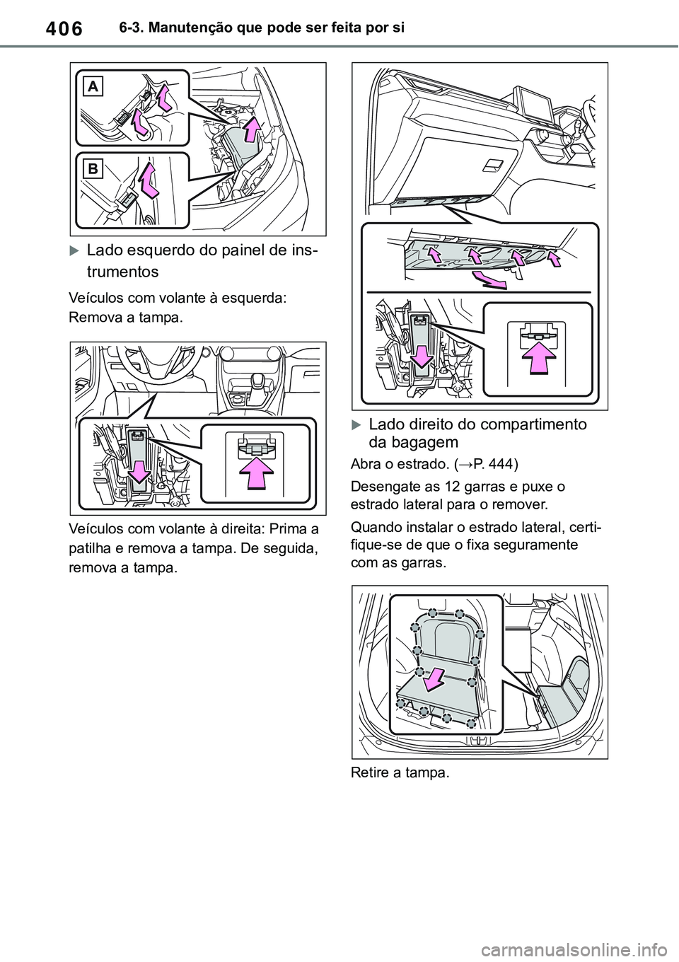TOYOTA RAV4 2022  Manual de utilização (in Portuguese) 4066-3. Manutenção que pode ser feita por si
Lado esquerdo do painel de ins-
trumentos
Veículos com volante à esquerda: 
Remova a tampa.
Veículos com volante à direita: Prima a 
patilha e rem