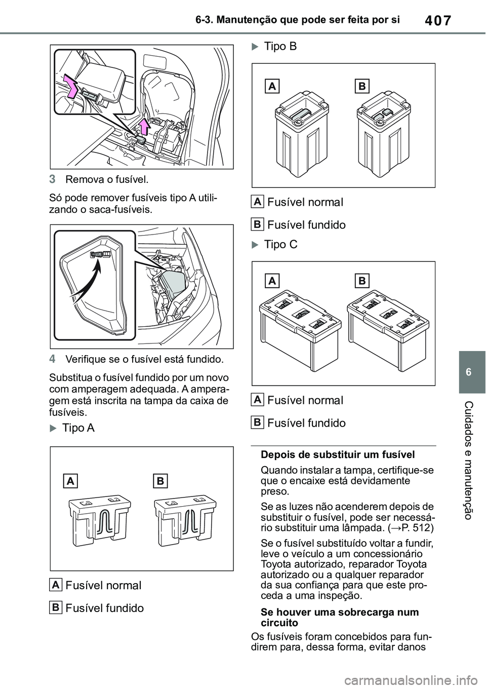 TOYOTA RAV4 2022  Manual de utilização (in Portuguese) 407
6 6-3. Manutenção que pode ser feita por si
Cuidados e manutenção
3Remova o fusível. 
Só pode remover fusíveis tipo A utili-
zando o saca-fusíveis.
4Verifique se o fusível está fundido.
