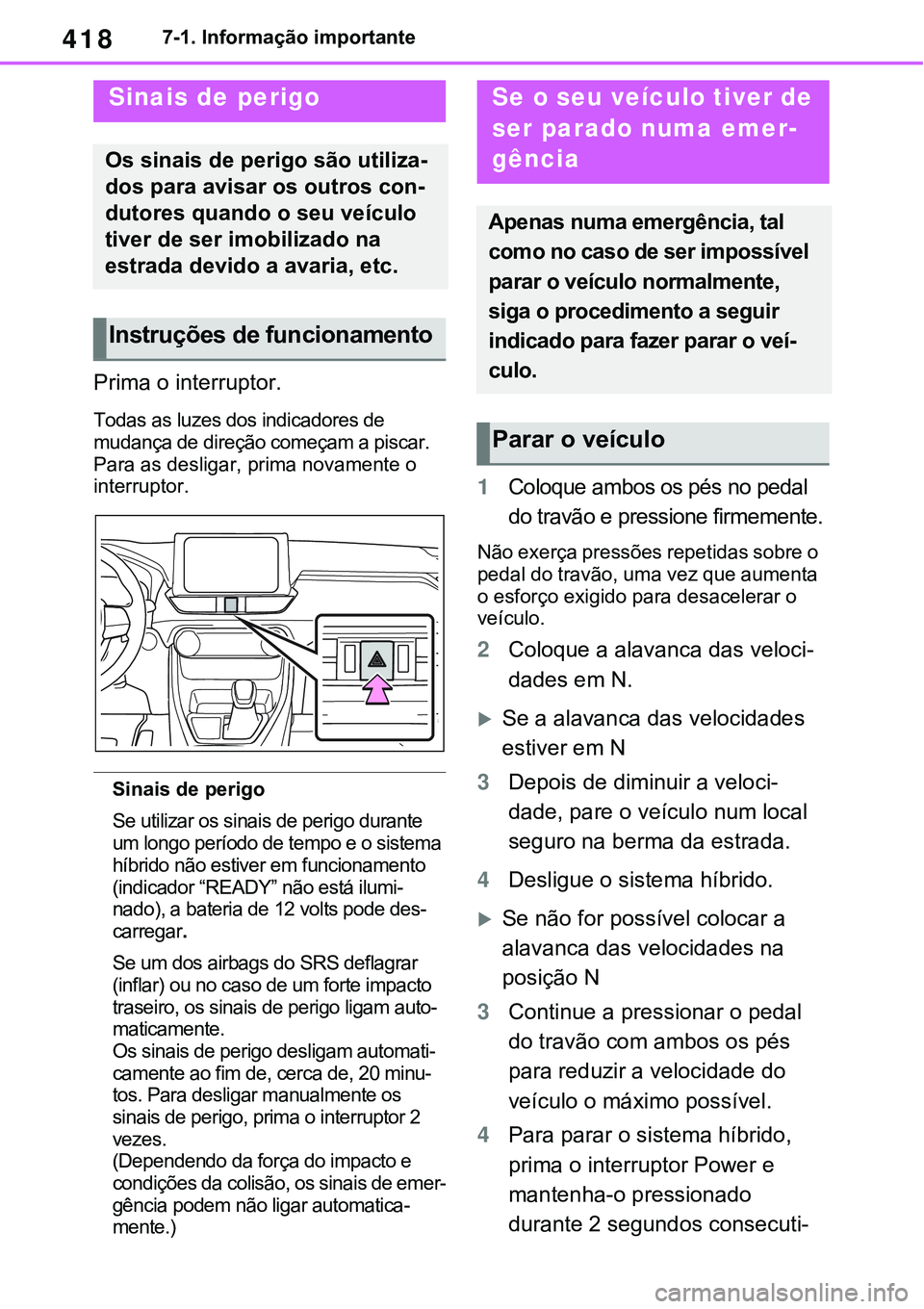 TOYOTA RAV4 2022  Manual de utilização (in Portuguese) 4187-1. Informação importante
7-1.Essential information
Prima o interruptor.
Todas as luzes dos indicadores de 
mudança de direção começam a piscar. 
Para as desligar, prima novamente o 
inte