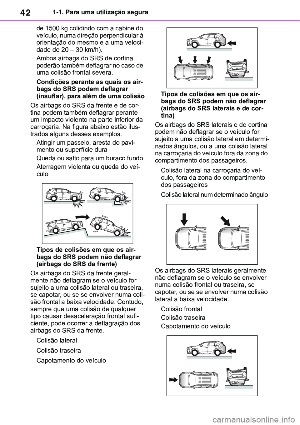 TOYOTA RAV4 2022  Manual de utilização (in Portuguese) 421-1. Para uma utilização segura
de 1500 kg colidindo com a cabine do 
veículo, numa direção perpendicular à 
orientação do mesmo e a uma veloci
-
dade de 20 – 30 km/h).
Ambos airbags do SR
