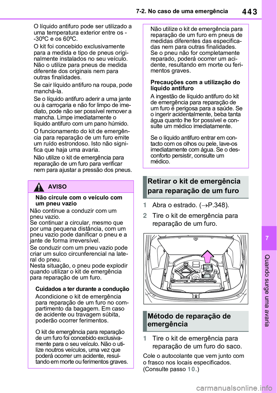 TOYOTA RAV4 2022  Manual de utilização (in Portuguese) 443
7 7-2. No caso de uma emergência
Quando surge uma avaria
O líquido antifuro pode ser utilizado a 
uma temperatura exterior entre os -
-30ºC e os 60ºC. 
O kit foi concebido exclusivamente 
para
