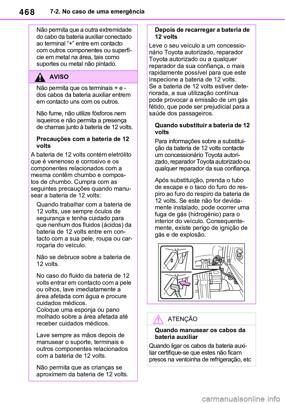TOYOTA RAV4 2022  Manual de utilização (in Portuguese) 4687-2. No caso de uma emergência
Não permita que a outra extremidade 
do cabo da bateria auxiliar conectado 
ao terminal “+” entre em contacto 
com outros componentes ou superfí
-
cie em metal