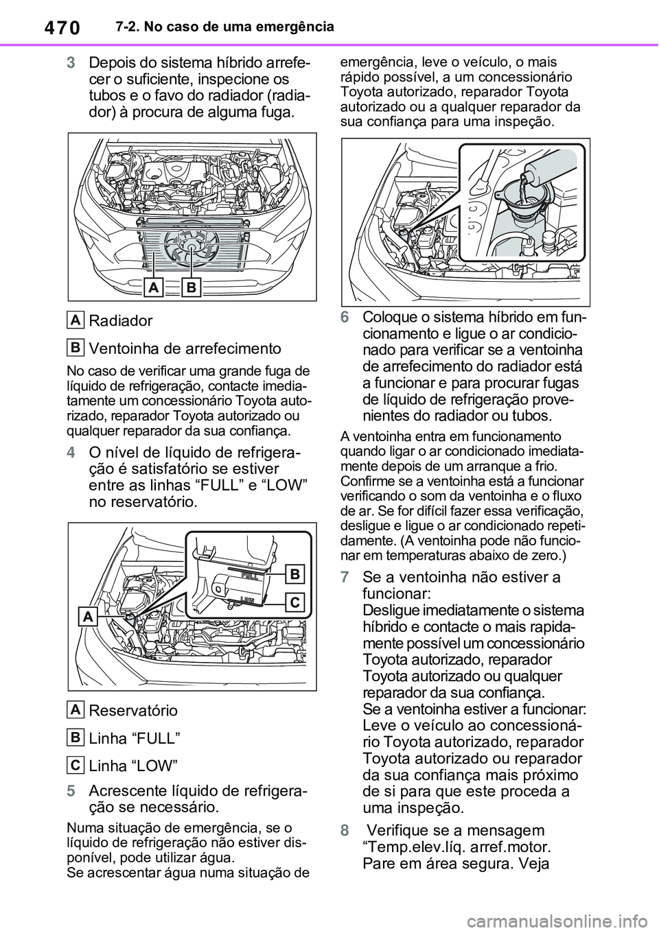 TOYOTA RAV4 2022  Manual de utilização (in Portuguese) 4707-2. No caso de uma emergência
3Depois do sistema híbrido arrefe-
cer o suficiente, inspecione os 
tubos e o favo do radiador (radia
-
dor) à procura de alguma fuga.
Radiador
Ventoinha de arrefe