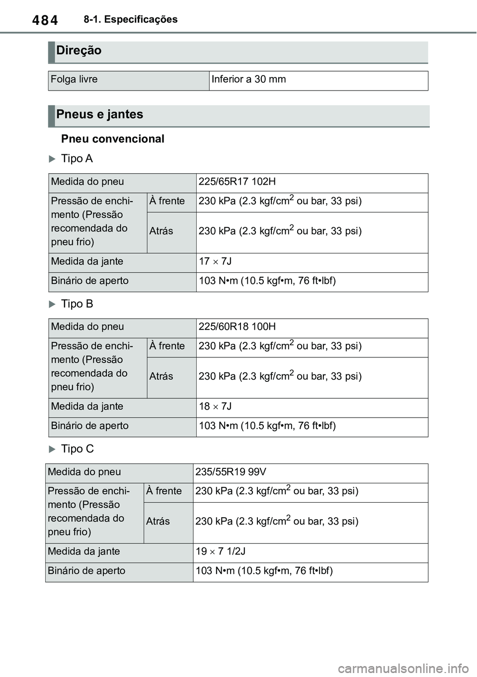 TOYOTA RAV4 2022  Manual de utilização (in Portuguese) 4848-1. Especificações
Pneu convencional
Tipo A
Tipo B
Tipo C
Direção
Folga livreInferior a 30 mm
Pneus e jantes 
Medida do pneu225/65R17 102H
Pressão de enchi-
mento (Pressão 
recomend